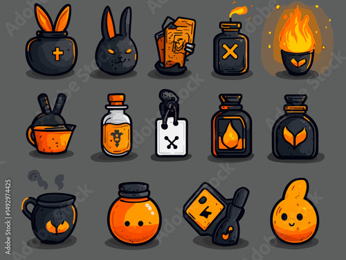 Magical icons and symbols: A collection of magical icons and symbols, perfect for illustrating mystical or esoteric themes, featuring whimsical designs of various shapes.