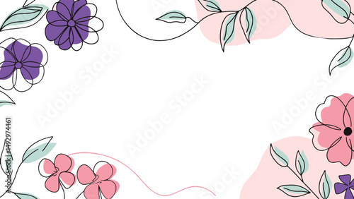 Minimalist floral design with soft pastel flowers, leaves, and thin lines on a white background.  The colors and style create a gentle and springtime atmosphere.