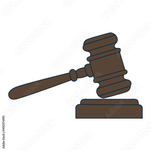 Brown judge's gavel with a stand. On a white background. Vector flat illustration