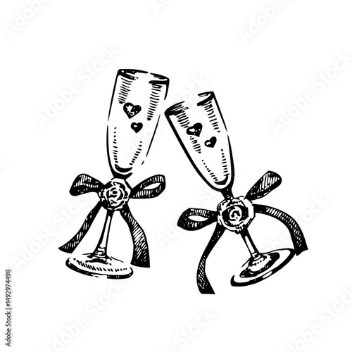 Sketch champagne glasses decorated with bows and heart details. Hand drawn vector illustration