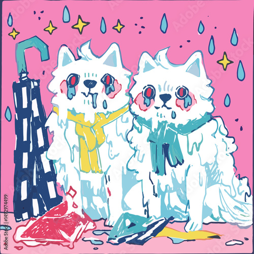 Sad Companions Under the Rain: Two forlorn dogs, enveloped in a downpour, huddle together for comfort under a lonely umbrella, exuding a poignant sense of desolation and melancholy.