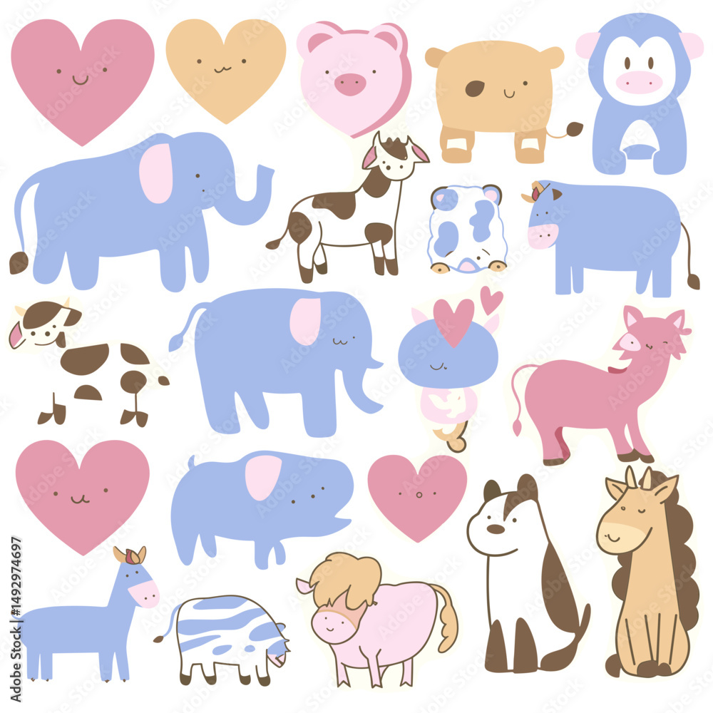 Obraz premium Adorable Animal Wonderland: A captivating composition of various animal illustrations, each one exuding charm and warmth alongside endearing heart-shaped companions.