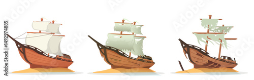 A set of three sailing ships in different states, from new to abandoned on sand, with torn sails and decay. Vector illustration