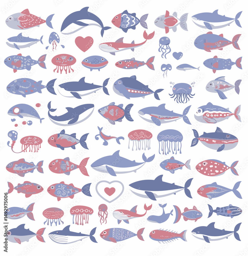 Fototapeta premium Ocean Life Collection: A delightful array of stylized fish, whales, and jellyfish in calming pastel hues, perfect for adding a touch of whimsical ocean charm to any project. 