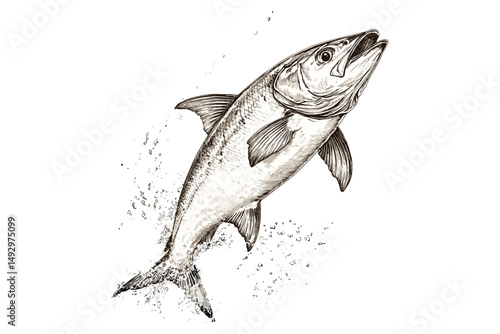 Retro Etching Style, Vintage Marine Life Illustration, Hand-drawn Tarpon Fish in Motion, Monochrome Nautical Animal Drawing, Old Engraving Style, ocean wildlife art