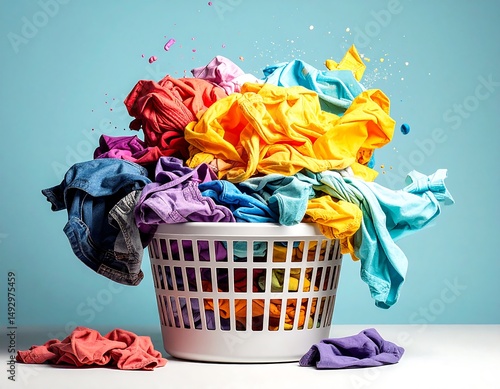 Overflowing Laundry Basket Colorful Clothes in a White Hamper A vibrant pile of laundry spills out of a plastic basket