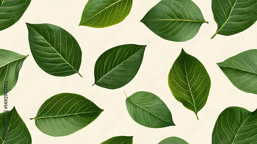 Multiple green leaves are arranged in a scattered pattern on a light background. Multiple green leaves are arranged in a scattered pattern on a light background.