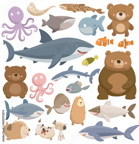 Aquatic and Terrestrial Friends: A whimsical assembly of aquatic and terrestrial animals, playfully illustrating the beauty of marine and land-based wildlife.