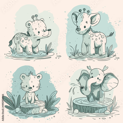 Whimsical Wildlife: Four charming animal illustrations are artfully arranged against a backdrop, exuding a playful and endearing charm, and captivates with its adorable wildlife imagery.