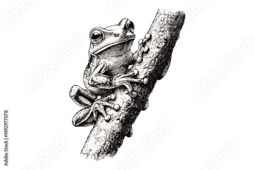 Hand-drawn Vintage Amphibian Illustration, Tree Frog Climbing Etching, Retro Black and White Sketch, Antique Wildlife Drawing, Old Engraving Style, Nature Art Print, Frog Line Art