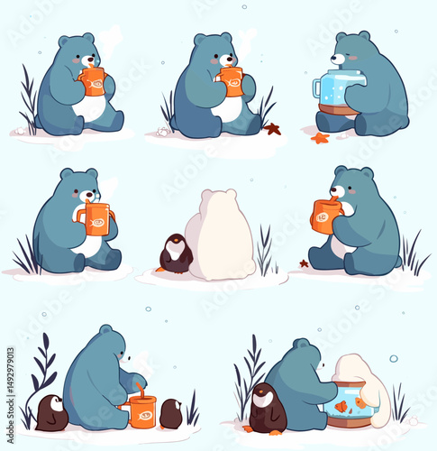 Cozy Companions: In a heartwarming illustration, an arctic bear and friends enjoy a tea, a symbol of friendship and companionship in a wintery wonderland. 