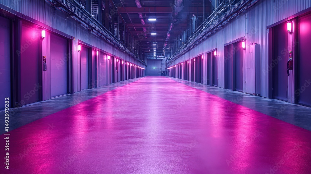 Modern industrial corridor with neon pink lighting and reflections Modern industrial corridor with neon pink lighting and reflections