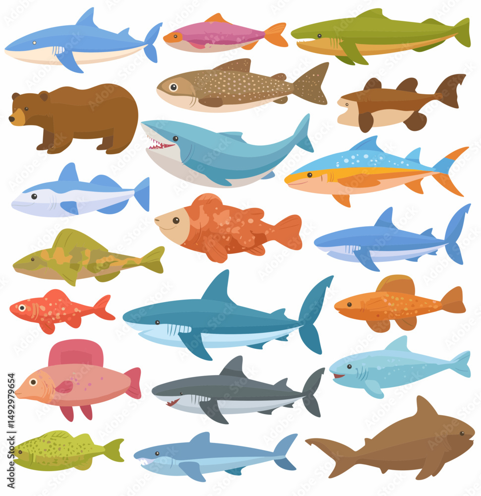 Aquatic Variety: A vibrant collection of diverse marine species, showcasing the rich tapestry of underwater life, and a friendly bear adding a touch of wildlife variety. Aquatic Variety: A vibrant collection of diverse marine species, showcasing the rich tapestry of underwater life, and a friendly bear adding a touch of wildlife variety.