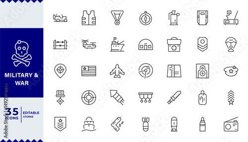 Pixel Perfect , Military & War set of web icons in line style,war, military, army line icons. Editable Stroke. Military Equipment, tools, aids and appliances. collection and pack of linear icons.
