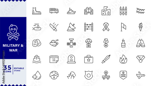 Pixel Perfect , Military & War set of web icons in line style,war, military, army line icons. Editable Stroke. Military Equipment, tools, aids and appliances. collection and pack of linear icons.