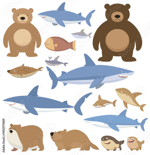 Diverse Ocean and Forest Animals: A vibrant illustration showcasing an array of captivating creatures from both the deep sea and lush forests, inviting viewers into a world of wonder and adventure.