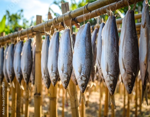 Sun Dried Fish Hanging on Bamboo Poles Traditional Asian Food Preservation