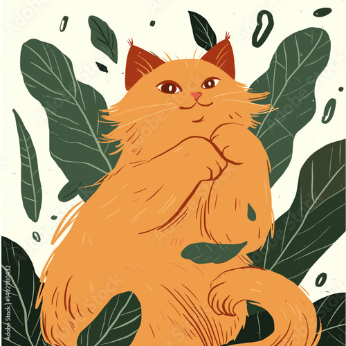 Whimsical Cat Amidst Foliage: A charming ginger cat, with a delightful expression, perches amidst lush green leaves. The artwork captures a sense of playful tranquility.