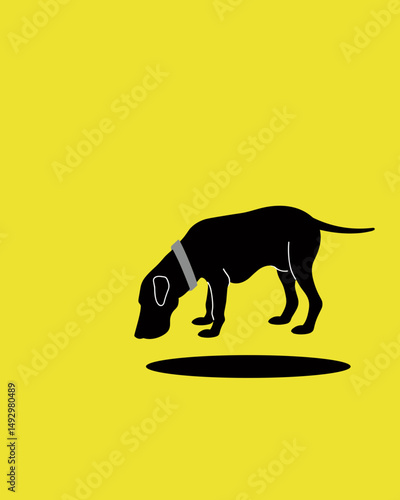 Black Dog Sniffing:  A black dog with a silver collar intently sniffing a hole in the ground against a bright yellow background.