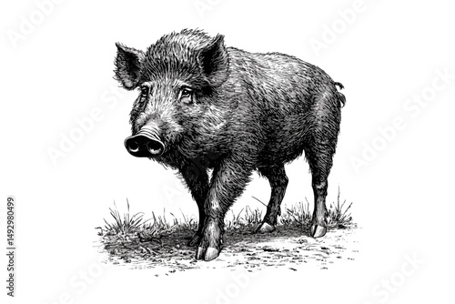 Vintage Wild Boar Engraving Sniffing Ground, Antique Forest Animal Illustration, Hand-drawn Monochrome Wildlife Etching, Retro Nature Style Mammal Sketch, rustic art