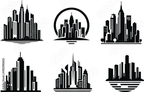 Six city skyline silhouettes isolated on transparent background