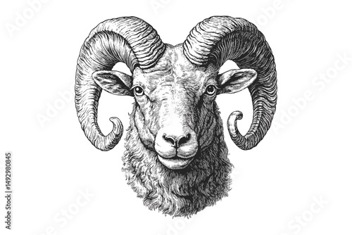 Hand-drawn Wild Sheep with Curled Horns, Vintage Mountain Mammal Etching, Monochrome Animal Print, Wilderness Wall Decor, Rustic Illustration, Black Sketch, Nature Artwork