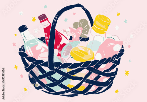 The Delightful Basket of Goods: A charming illustration of a basket brimming with a colorful array of groceries, symbolizing abundance and fresh ingredients.