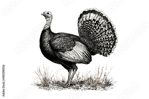 Vintage engraving of Wild Turkey strutting, hand-drawn monochrome bird, old etching style, ornithology sketch, wildlife illustration, rustic nature art, forest bird print