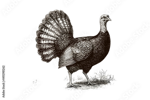 Wild Turkey vintage etching, hand-drawn monochrome bird illustration, old engraving style, ornithology sketch, wildlife art print, rustic nature scene, trendy animal artwork
