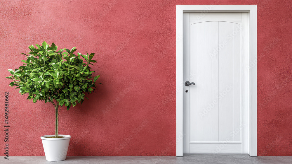 Fototapeta premium Fresh coat of vibrant paint on front door with potted plant nearby