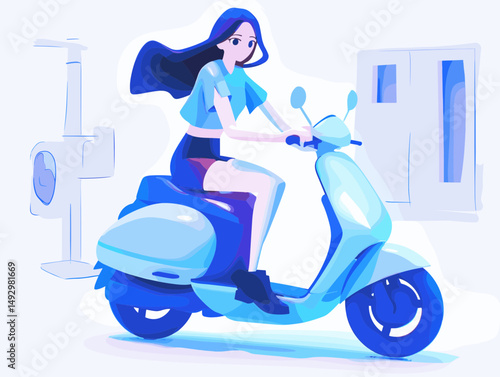 Urban Escapade: A vibrant depiction of a girl cruising down the streets on a stylish scooter, blending the freedom of travel with the pulse of city life.