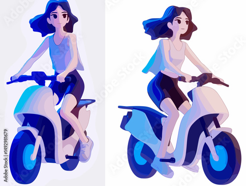 Electric Scooter Adventures: A stylized illustration captures the spirit of adventure, featuring a young woman confidently riding an electric scooter.