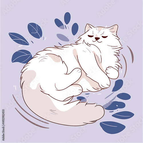 Dreamy Cat's Daydream: A fluffy cat is embraced by tranquility as it lounges, its eyes gently closed in peaceful slumber. The scene is a visual lullaby that celebrates the simple joy of relaxation.