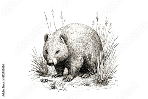 Vintage wildlife engraving, hand-drawn Australian mammal sketch, wombat in grass, monochrome fauna drawing, rustic nature etching, old engraving style, retro animal art