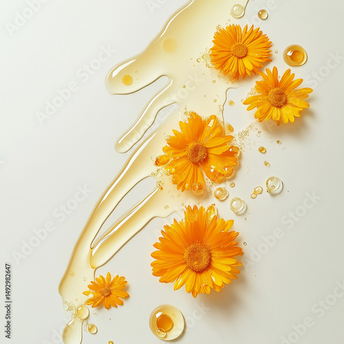 visually appealing composition featuring calendula flowers and a liquid substance, likely representing calendula extract or oil.