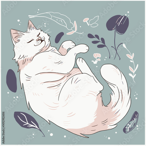 Whimsical Whisker Dream: A relaxed cartoon cat sleeps soundly amidst a serene landscape of gentle floral accents, the composition evoking a sense of peace.