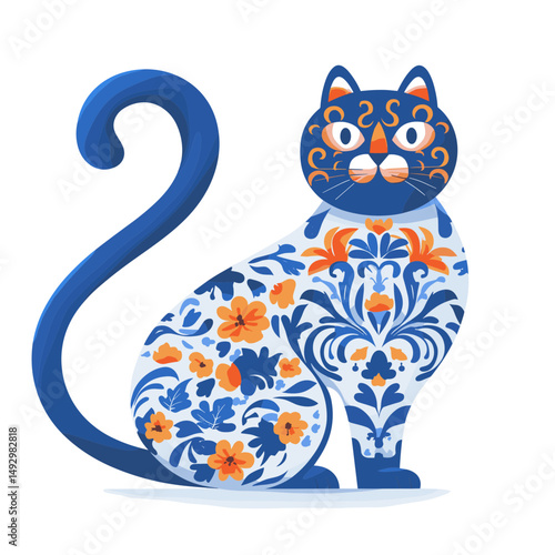 Floral Adornment: This whimsical illustration showcases an artful cat in a seated pose, adorned with elegant floral designs, representing creativity and artistic expression.