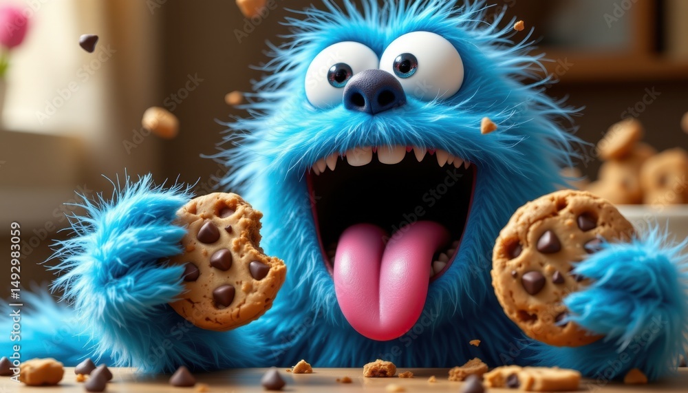 Playful blue creature enjoying chocolate chip cookies in a cozy kitchen setting fun and whimsical vibe Playful blue creature enjoying chocolate chip cookies in a cozy kitchen setting fun and whimsical vibe