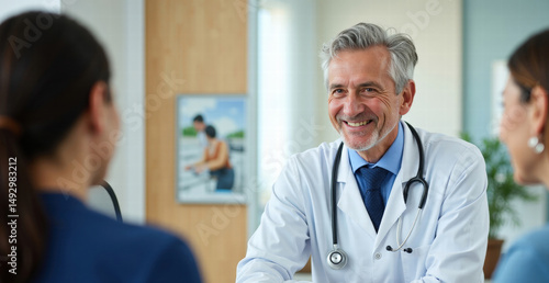 Smiling mature doctor consulting with two female patients in a bright, modern medical office.