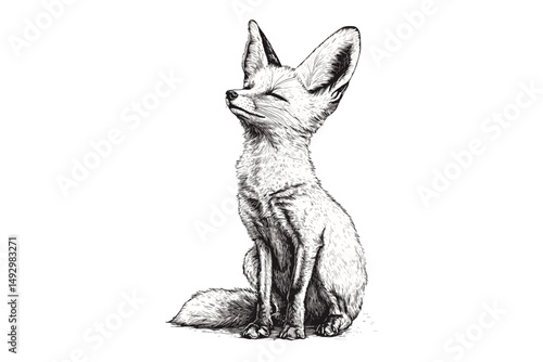 Fennec Fox Sitting Upright, Hand-drawn Illustration, Vintage Desert Animal Drawing, Old Engraving Style, Black Sketch Effect, Antique Wildlife Art, Rustic Wall Decor, Nature Art