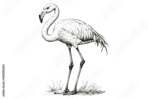 Flamingo Vintage Illustration, Black Sketch Effect, Old Engraving Style, Tropical Wildlife Drawing, Hand-drawn Bird Art, Antique Print, Elegant Exotic Animal Sketch, Ornithology Art,