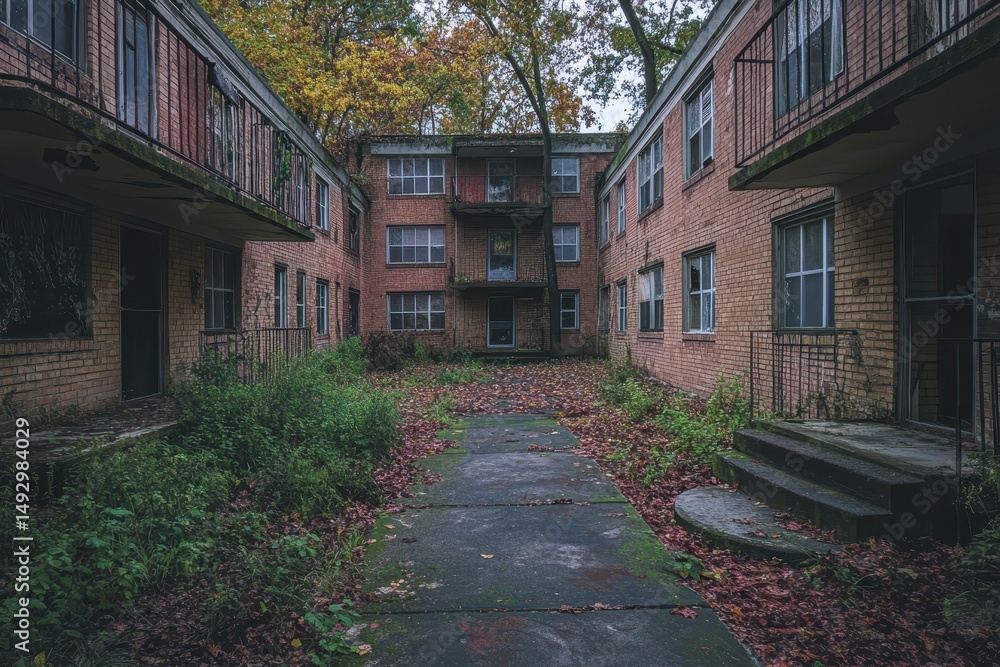Fototapeta premium Overgrown courtyard between aged brick apartment buildings with balconies. Use for themes of urban decay, abandonment, or historical documentation.