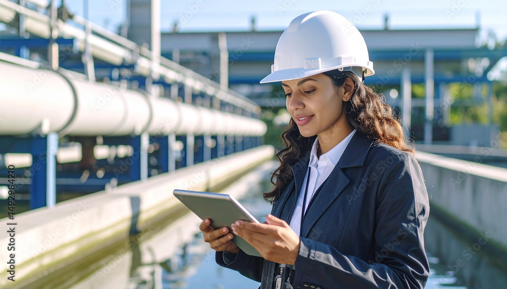 Female Engineer in Factory: A focused female engineer, clad in a hard hat, meticulously reviews data on a tablet amid an industrial facility, highlighting expertise and commitment. Female Engineer in Factory: A focused female engineer, clad in a hard hat, meticulously reviews data on a tablet amid an industrial facility, highlighting expertise and commitment.