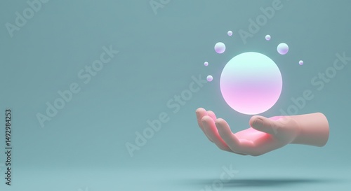 3D render stylized hand holding imaginary object (glowing orb), light solid background, copy space left. Digital art 