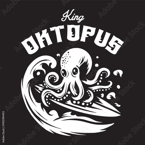 Vintage illustration of octopus playing surfing