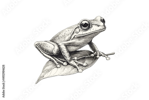 Hand-drawn Amphibian Line Art, Vintage Nature Illustration, Old Engraving Style, Rustic Frog Drawing, Frog Sitting on Leaf, Scientific Animal Art, Monochrome Wildlife Sketch, Nature Wall Poster