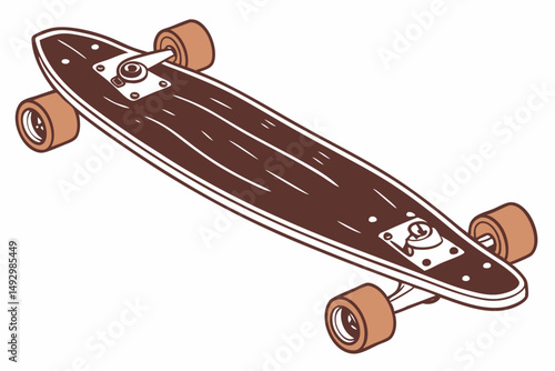 68 skateboard, wooden, retro style, old, vintage, dark brown, orange wheels, minimalist, sleek design, isolated on white background