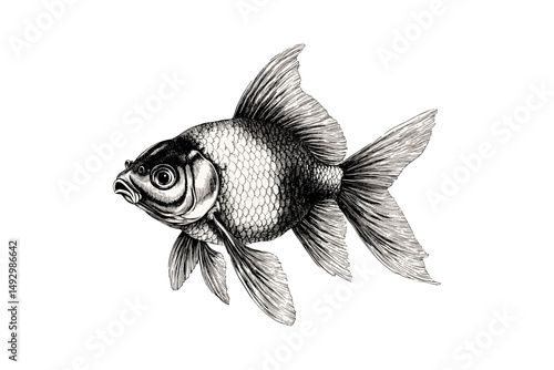 Hand-drawn vintage fish line art, goldfish swimming, monochrome aquatic animal illustration, rustic ocean creature print, old engraving style, scientific marine life sketch