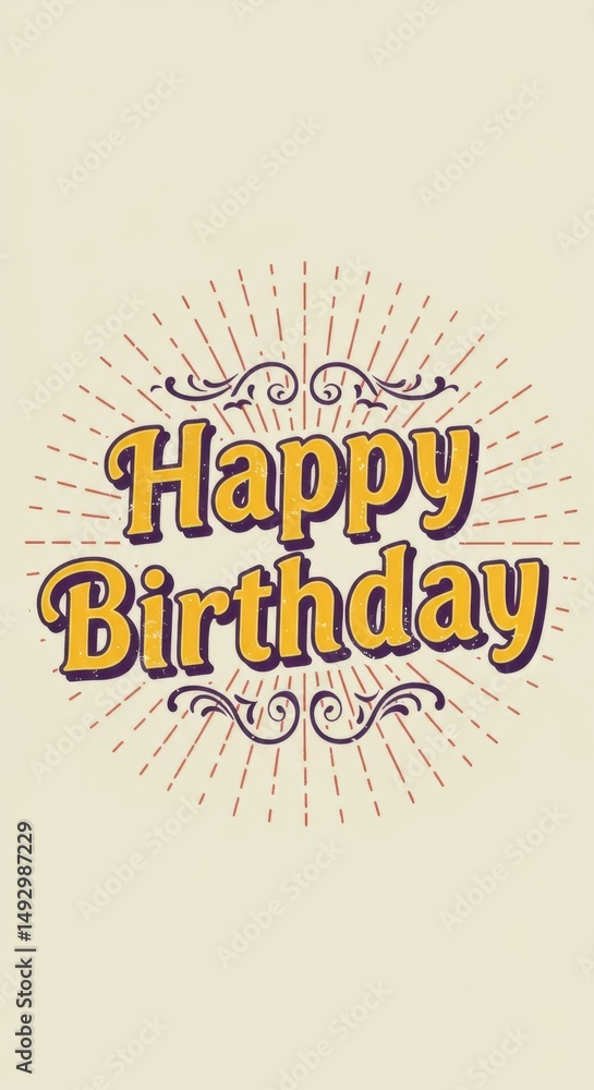 Fototapeta premium A Vintage Happy Birthday Greeting Card Design with Ornate Font and Sunburst Background