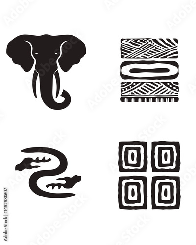 African Symbols: A selection of striking black and white tribal symbols evoking the spirit of African heritage and tradition. 